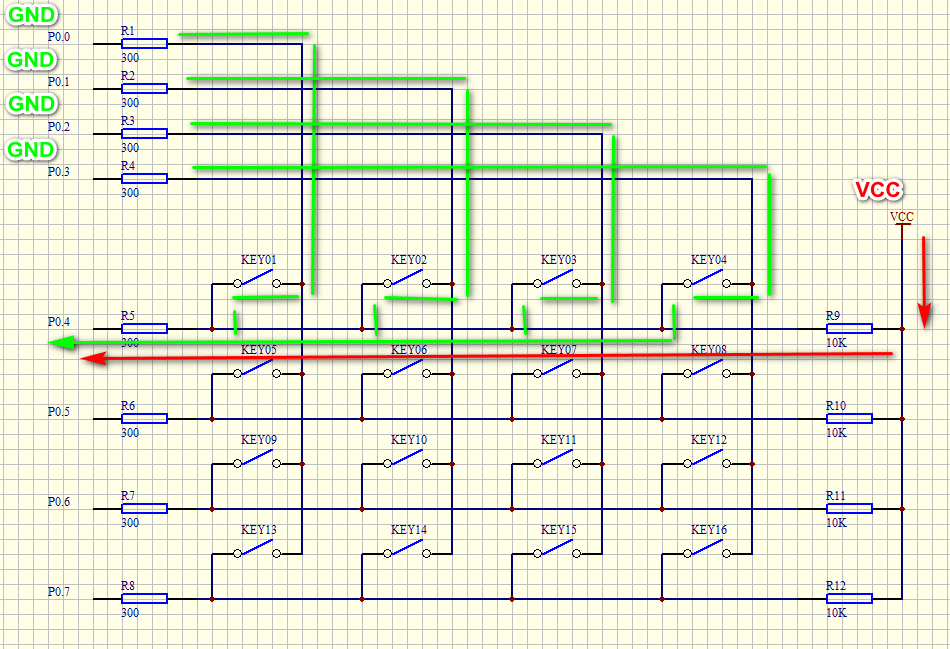这张图可以理解矩阵按键为独立按键的转换图，当开关闭合时等效独立按键，10K为上拉5V电阻，开关闭合时，P0. ...